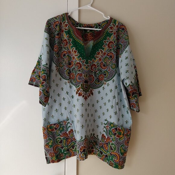 Vintage Jamaican Dashiki Tunic Shirt Size Large Pockets Hippie Boho Blue - Picture 2 of 13